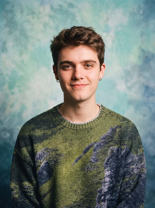 Portrait of Mario Diz, smiling, in a green knitted sweater against a blue-green painted backdrop