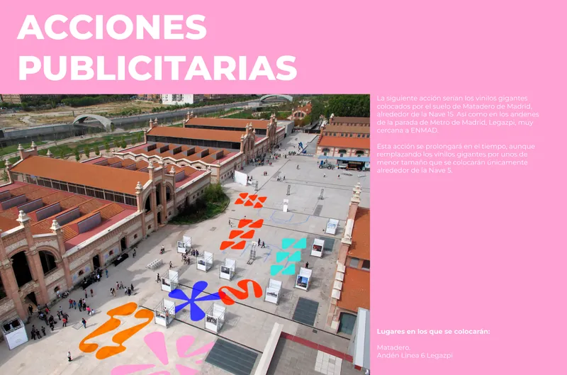 Street action seen from above: giant ENMAD shapes on the square at Matadero