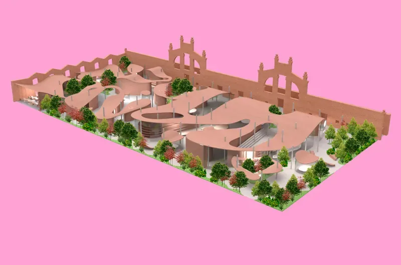 Axonometric model of the school inside Nave 15: curved organic roofs over a pink floor and a garden