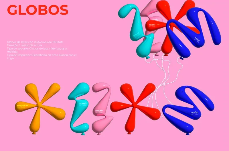 Balloons shaped like the identity forms, in red, blue, mint, orange and pink