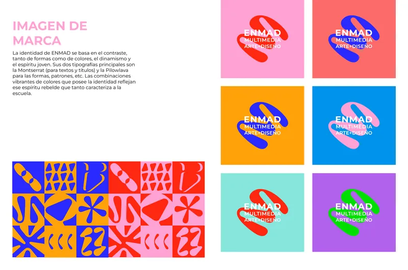 Brand image page: the logo on six colours and a pattern of shapes