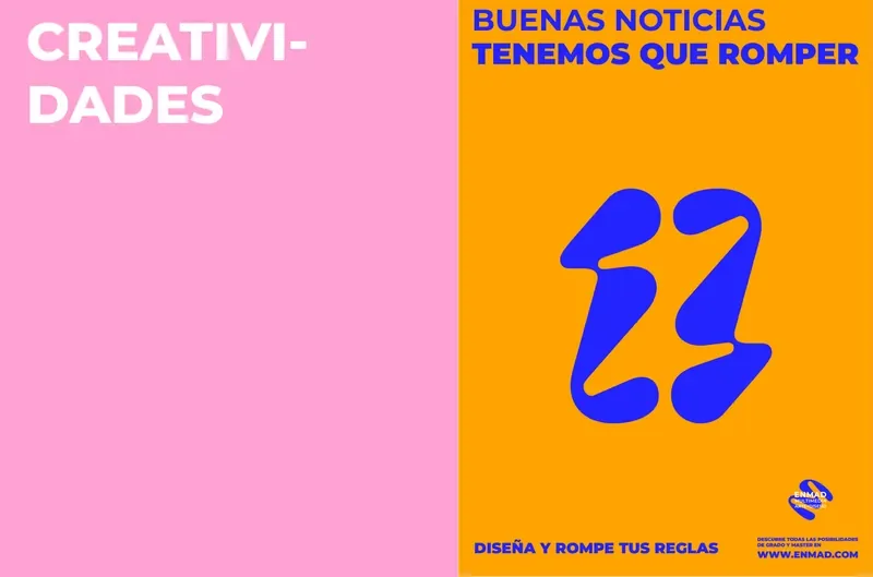 Campaign poster: a blue shape on orange, Buenas noticias, tenemos que romper
