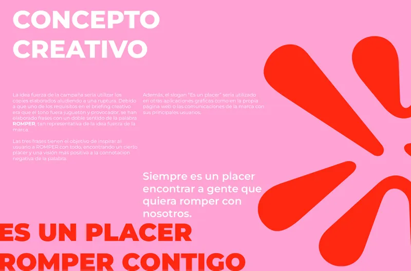 Creative concept page: Es un placer romper contigo, with a big red shape