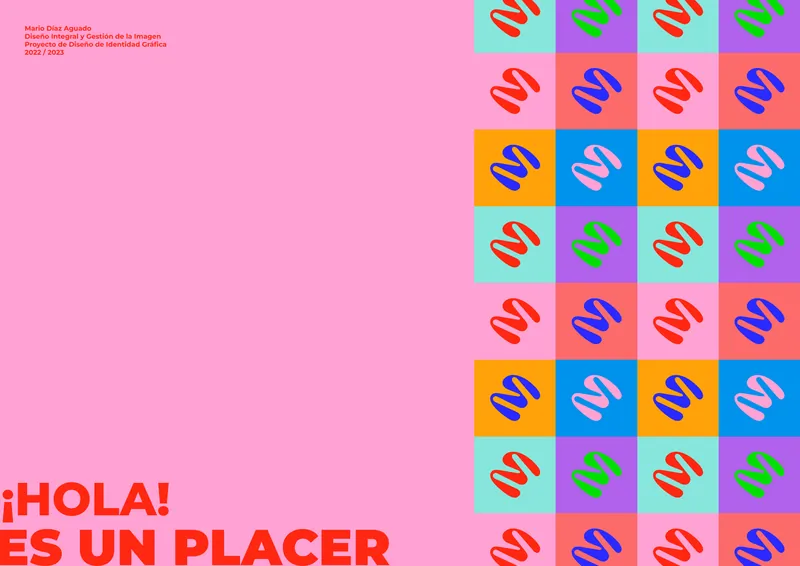 ENMAD brand manual cover: a grid of the logo in pink, blue, green, orange and mint, with the words ¡Hola! Es un placer