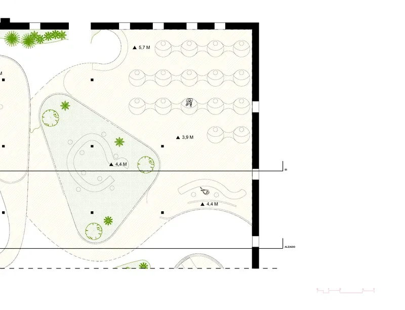 Detail plan of a studio with tables and a planted island