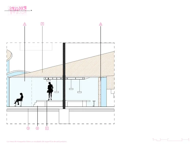 Construction detail section of a curved roof edge