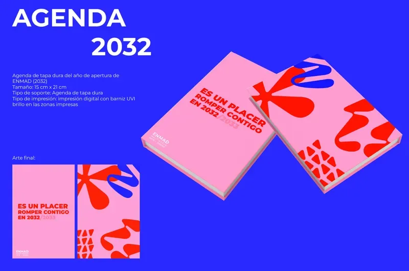 The ENMAD 2032 diary, pink with red and blue shapes