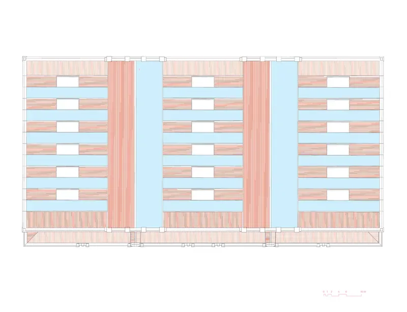 Elevation of the residence facade in pink and blue