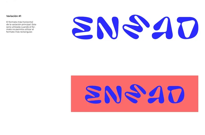 Logo variation: ENMAD in a wide broken typeface, blue on white and on coral