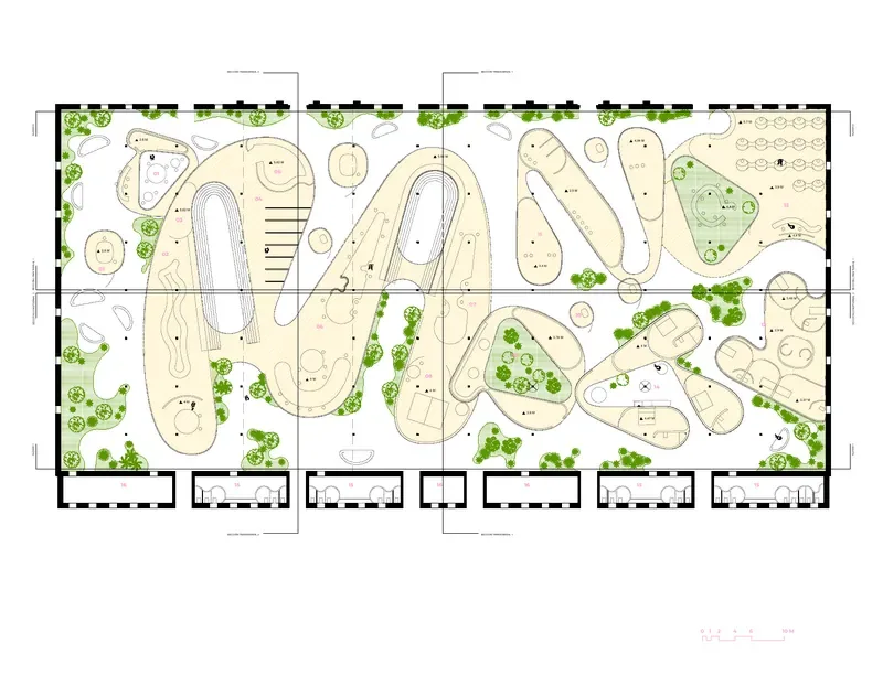Floor plan of Nave 15 with the curved forms of the school, gardens in green