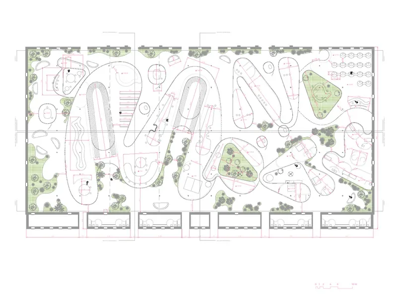 Floor plan with furniture: classrooms and workshops inside the curved forms