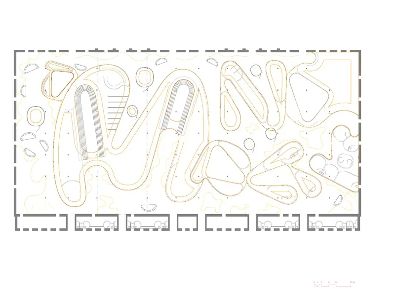 Structural plan of the curved forms, in yellow