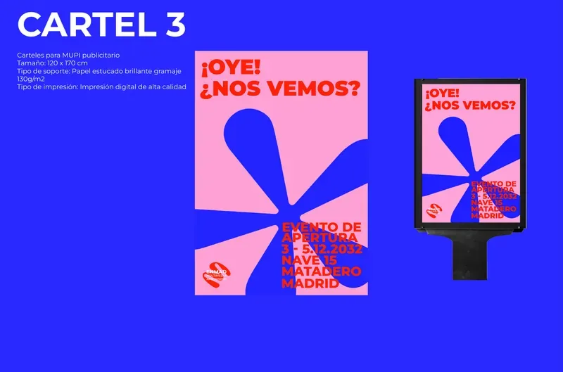 Poster for the opening event: a blue shape and ¡Oye! ¿Nos vemos?