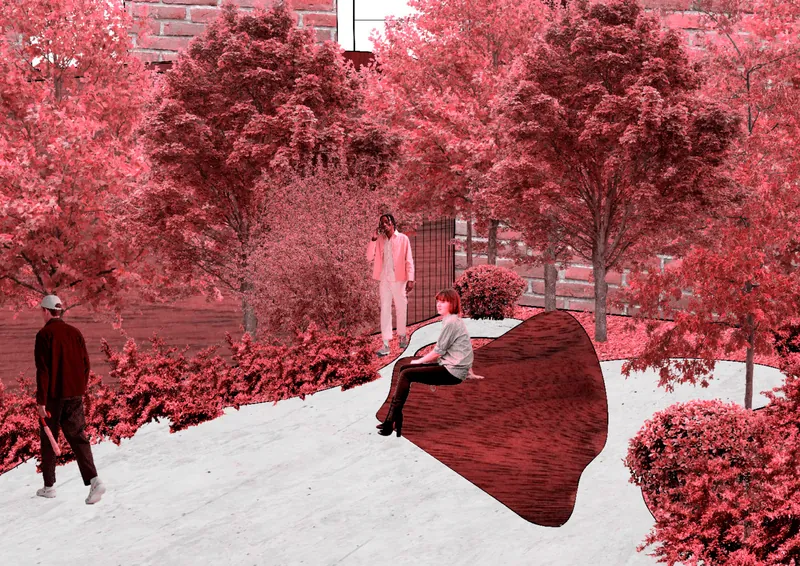 Render of the inner garden: people resting on a sculptural red bench among trees