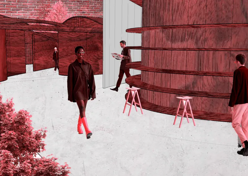 Render of a hall with curved wooden walls and people walking