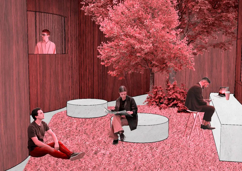 Render of a patio with round seats and a red tree