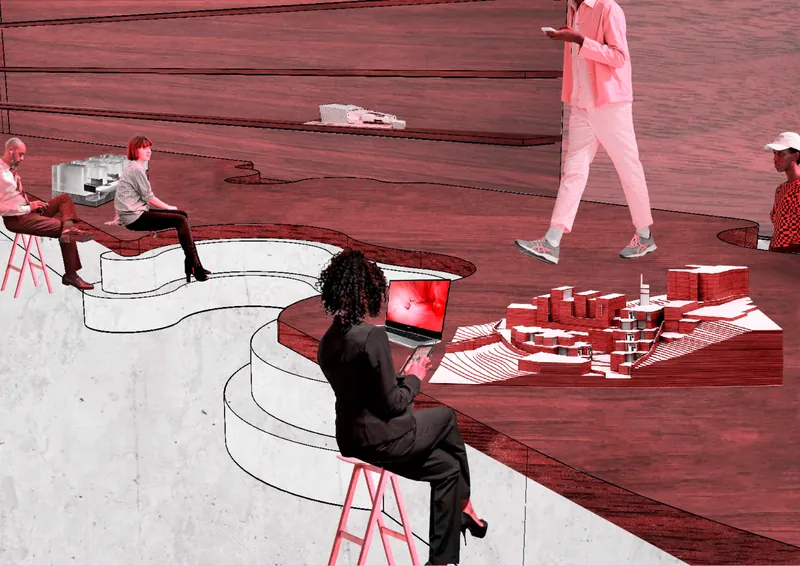 Render of a studio with a curved bench and people working