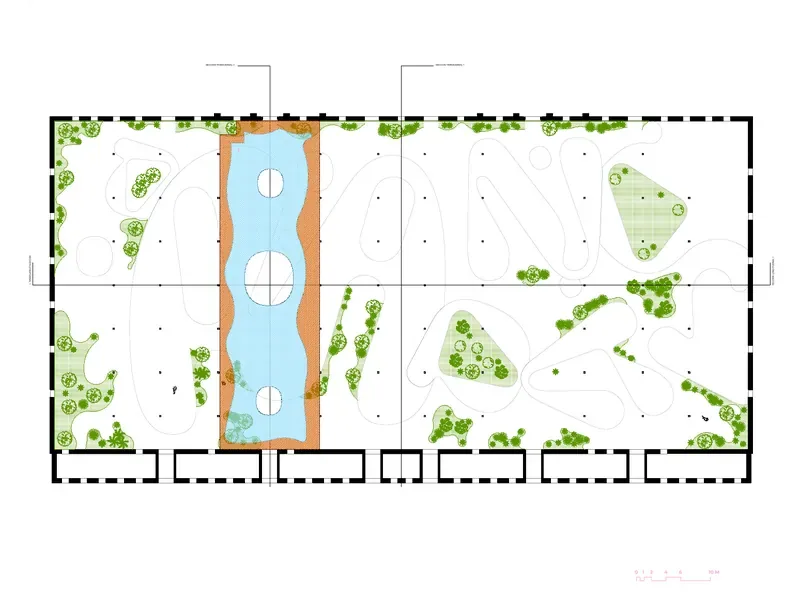 Roof plan of Nave 15 with the curved roofs, a water garden and planted areas