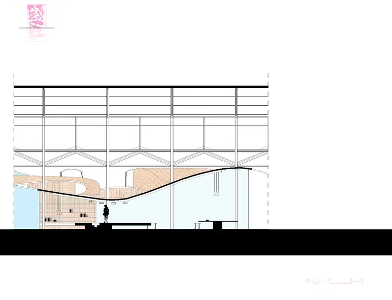 Section through a curved roof and the space below