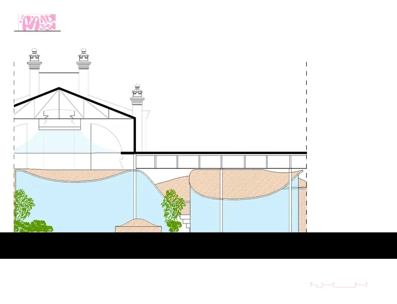 Section under the original trusses with the curved roofs and water