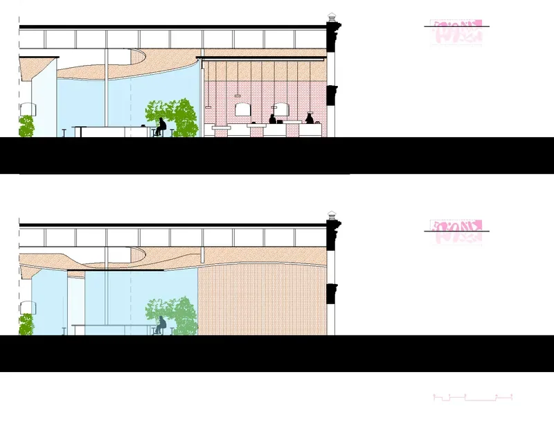 Two sections through a workshop with red shelving
