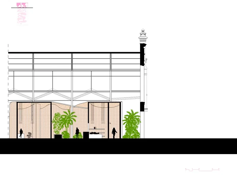 Section through a classroom under a curved roof, with plants
