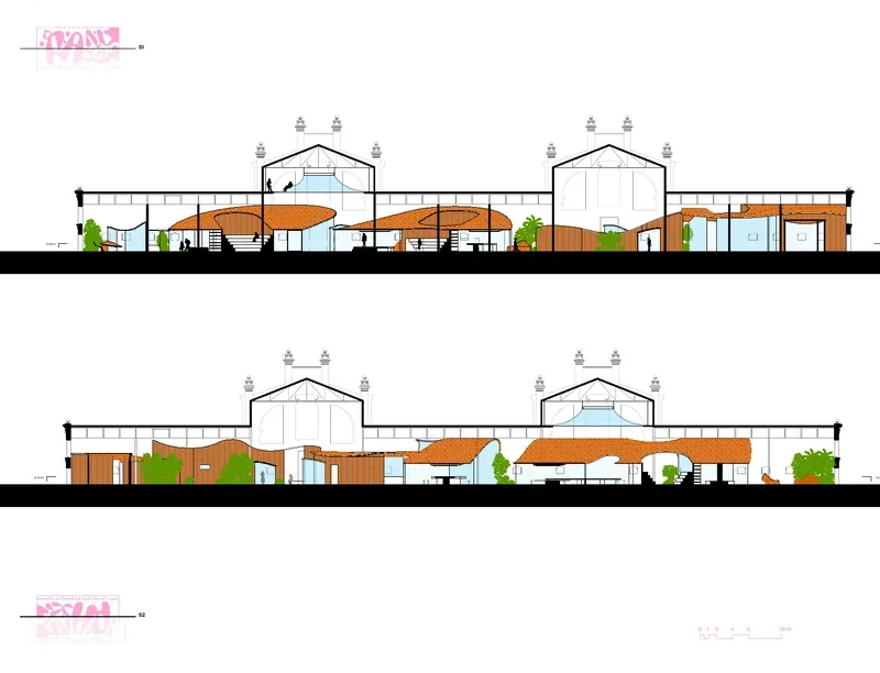 Two long sections of the school with the curved roofs under the old trusses