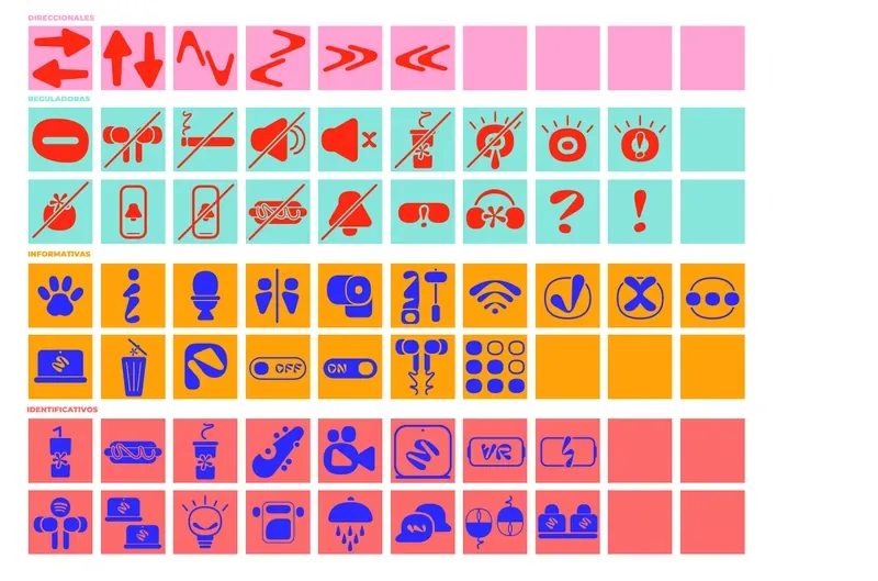 Signage pictograms in red, mint, orange and blue