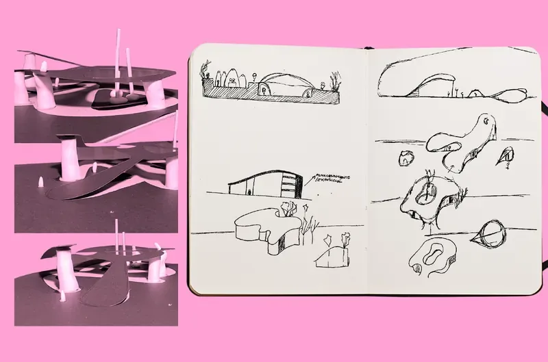 Paper models and sketchbook drawings of the curved roofs