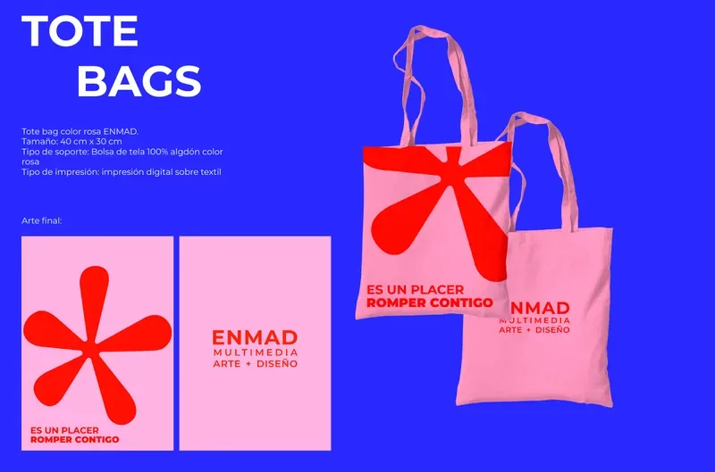 Pink and blue ENMAD tote bags