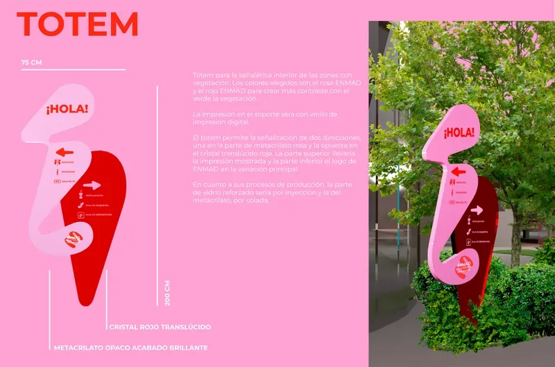 A wayfinding totem shaped like one of the identity forms