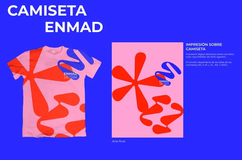 The ENMAD t-shirt, pink with a red shape print, on a blue page