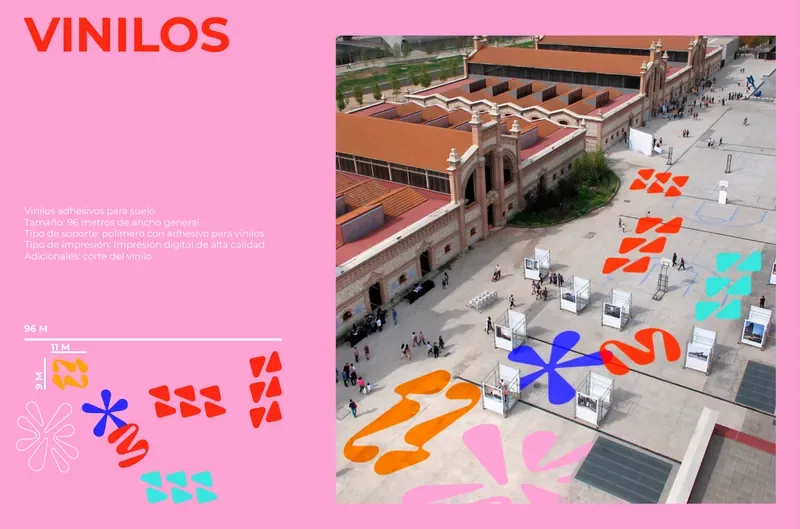 Floor vinyls with ENMAD shapes on the square in front of Matadero, seen from above