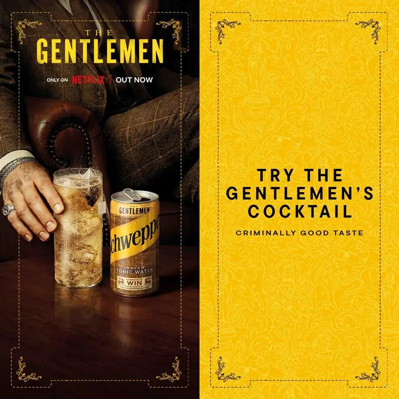Square version: the same scene on the left and, on the right, a yellow panel that reads Try the Gentlemen's cocktail, criminally good taste